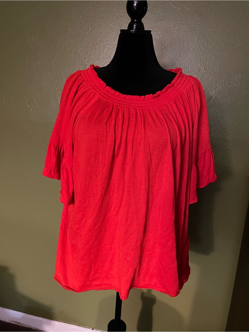 Relaxed Orange Peasant Blouse with Gathered Neckline